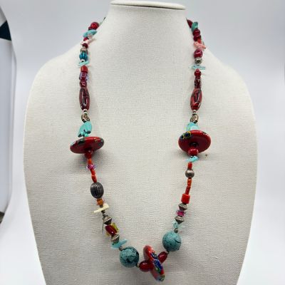 Artisan Millefiori Glass, Turquoise & Coral Beaded Necklace