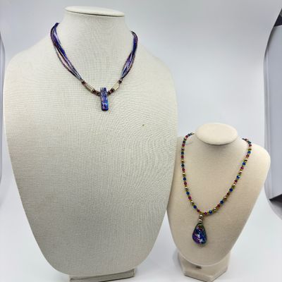 Dichroic Glass Pendant Necklaces with Sterling Silver Accents - Set of 2