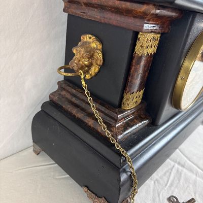 Antique Ansonia Black Mantel Clock with Lion Side Handles and Key