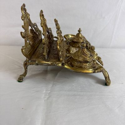 Antique French Rococo Style Gilt Brass Double Inkwell & Letter Rack