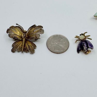 Vintage Insect Brooch Lot - Monet Dragonfly, Silver Filigree Butterfly & Bee