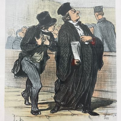 Framed Honoré Daumier Hand-Colored Satirical Legal Lithograph c. 1845-1848