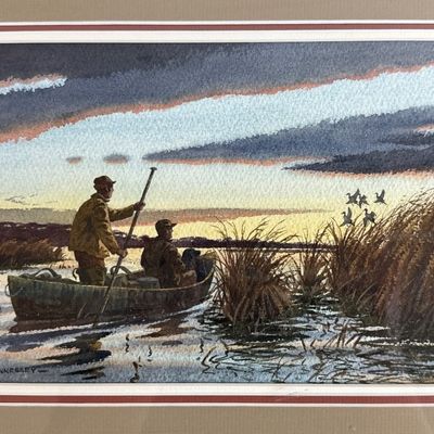Tom Hennessey Signed Watercolor Painting Pintails & Pirogue Framed