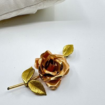 Vintage Gold-Tone Rose Brooch & Engraved Hinged Bangle Bracelet Set