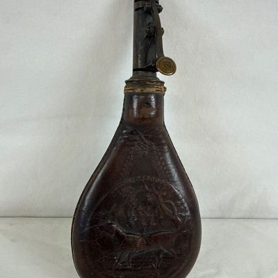 Antique Embossed Leather Shot Flask with Brass Charger - 3 lbs