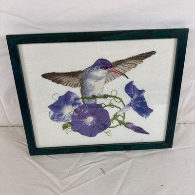 Framed Hummingbird and Morning Glories Needlepoint