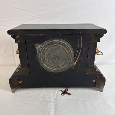 Antique Ansonia Black Mantel Clock with Lion Side Handles and Key