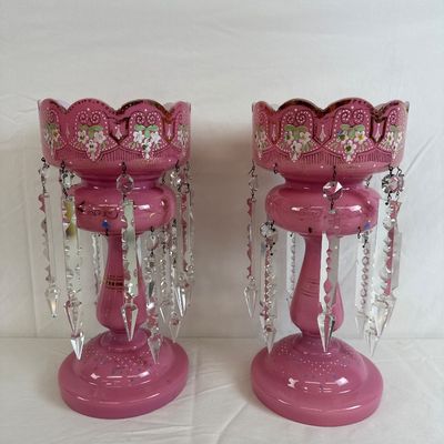 Antique Pink Bristol Glass Lustres with Crystal Prisms - Pair