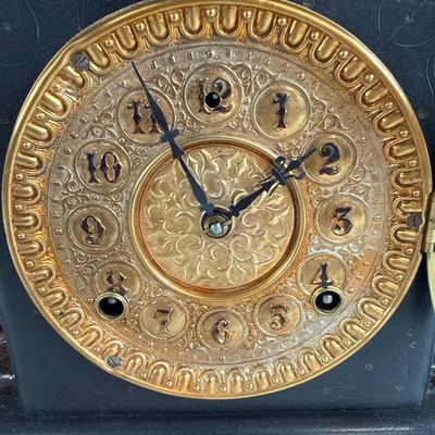 Antique Ansonia Black Mantel Clock with Lion Side Handles and Key
