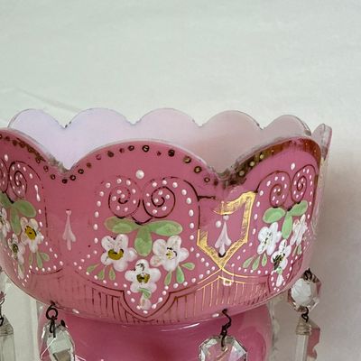 Antique Pink Bristol Glass Lustres with Crystal Prisms - Pair