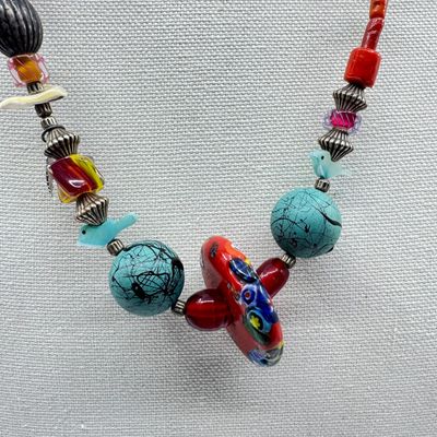 Artisan Millefiori Glass, Turquoise & Coral Beaded Necklace