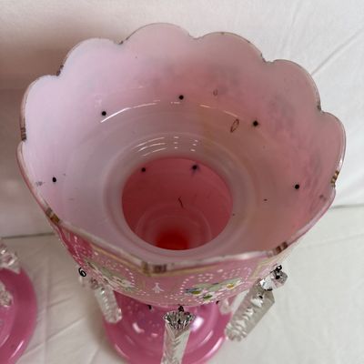 Antique Pink Bristol Glass Lustres with Crystal Prisms - Pair