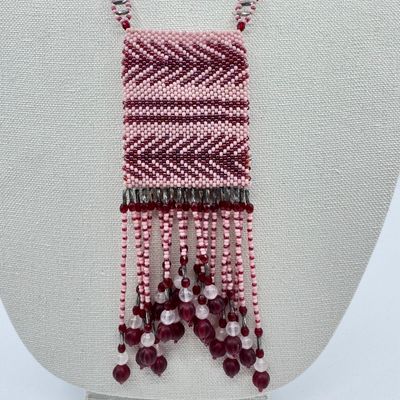 Handcrafted Ruby & Cranberry Glass Beaded Fringe Pendant Necklace