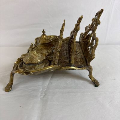 Antique French Rococo Style Gilt Brass Double Inkwell & Letter Rack