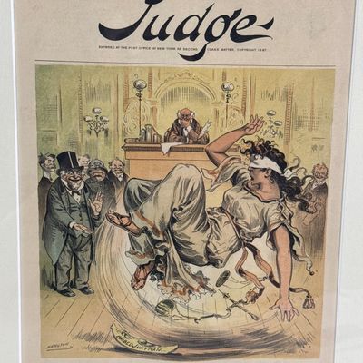 Framed 1887 Judge Magazine Cover How Justice Slips Up Lithograph Art by Hamilton