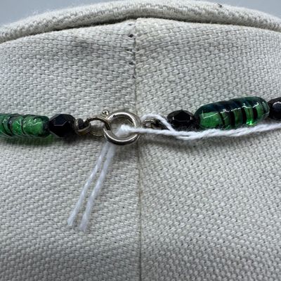 Vintage Green and Black Art Glass Bead Necklace with Teardrop Pendant