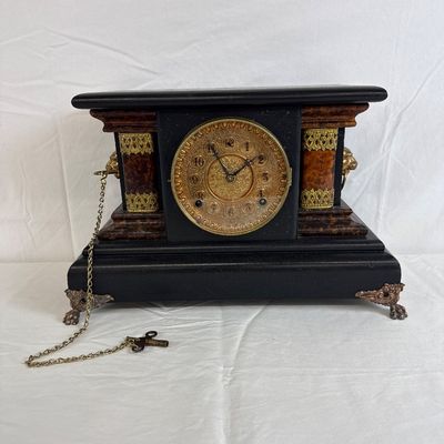 Antique Ansonia Black Mantel Clock with Lion Side Handles and Key