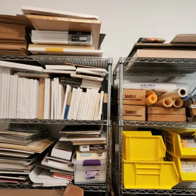 Art supplies, canvases, paper, different surface material