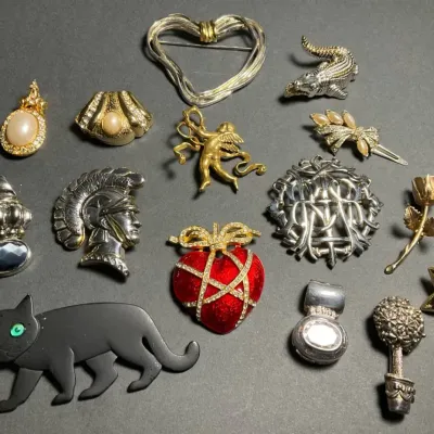Whimsical Vintage Style Brooch & Pin Collection:  Cat, Heart, Rose, Alligator & More