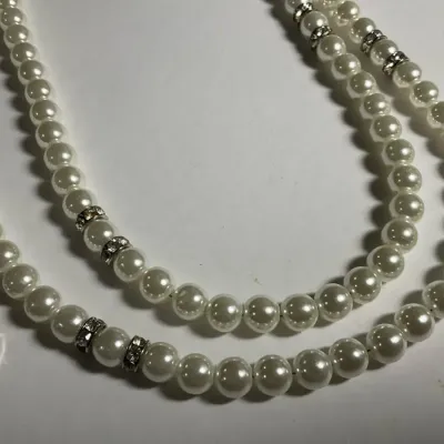 Ellen Tracy Double Strand Faux Pearl Necklace With Rhinestone Spacers