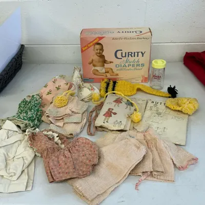Handmade Doll Clothes Evenflo Glass Bottles & Curity Diapers VTG
