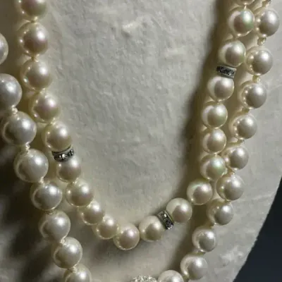 RMN Faux Pearl Necklace Pair, Rhinestone Accents &  Pave Magnetic Clasp