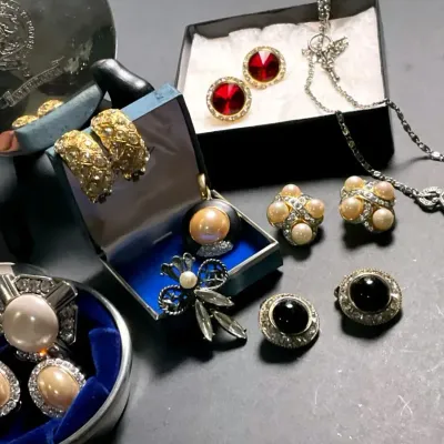 Vanity Jewelry Collection: KJL Earrings, Salisbury Pewter Trinket Box & Friends
