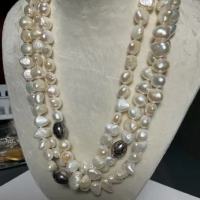 Triple Strand Baroque Freshwater Pearl Necklace With 3 Silver Tone Accent Beads