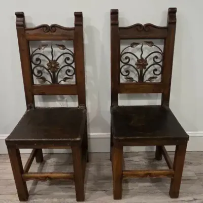 (2) Rustic Wood and Leather Seat Chairs