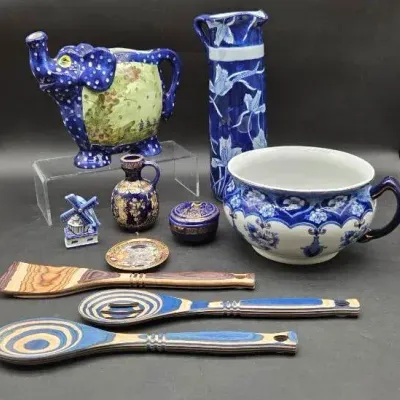 Assorted Blue China and Wood Collectibles 