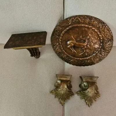 Decorative Copper Plate & (3) Wall Shelves