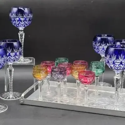 Colorful Cut Glassware & Hammered Pewter Tray