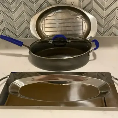 Roasting Tray, Sauté Pan and Stainless Serving Platter 