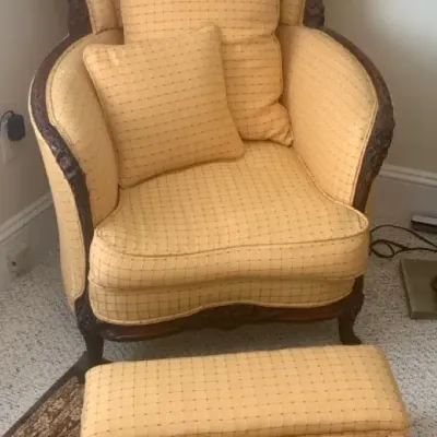 Lovely Vintage Carved Wood Upholstered Arm Chair with Matching Ottoman
