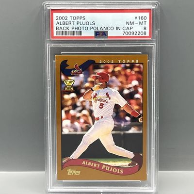 Sale Photo Thumbnail #151: 2002 Topps Albert Pujols 2nd Year #160 PSA NM-MT 8 - Back Photo Polanco In Cap Uncorrected Error