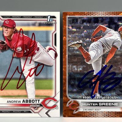 Sale Photo Thumbnail #128: 2021 Bowman Paper Andrew Abbott 1st Bowman RC In Person Auto & 2022 Topps Hunter Greene Orange Foil RC #/299 In Person Auto - No COAs