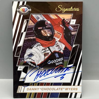 Sale Photo Thumbnail #56: 2023 Panini Donruss Racing Danny "Chocolate" Myers 75th Anniversary Auto #/75
