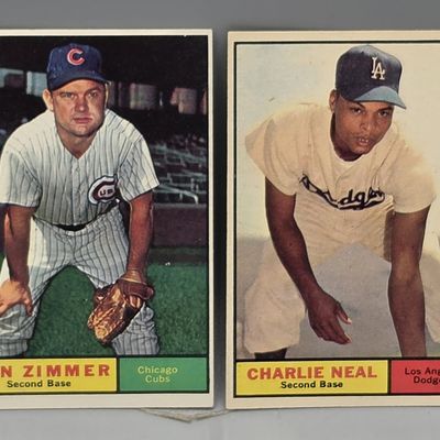 Sale Photo Thumbnail #200: (2) 1961 Topps Baseball Cards Don Zimmer UER, Charlie Neal Short Print #423, 493