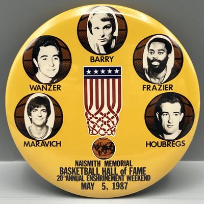 Sale Photo Thumbnail #159: 1987 Naismith Basketball Hall of Fame 20th Annual Enshrinement Weekend Pinback Button W/ Pete Maravich, Rick Barry, & Walt Frazier