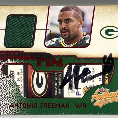 Sale Photo Thumbnail #78: 2002 Fleer Authentics Antonio Freeman Game Worn Jersey Authentix Patch W/ Added In Person Auto - No COA For Auto
