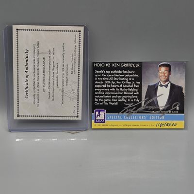 Sale Photo Thumbnail #138: 1991 Arena Holograms Ken Griffey Jr. On Card Auto 1181/2500 HOF