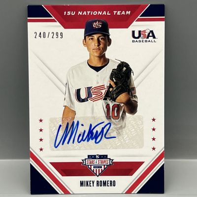 Sale Photo Thumbnail #140: 2020 Panini USA Baseball Stars & Stripes Mikey Romero 15U National Team Auto #/299