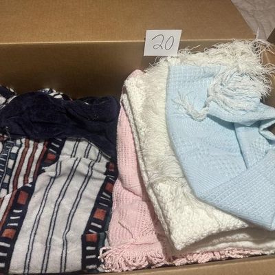 Box of Vintage Throw Blankets and Linens