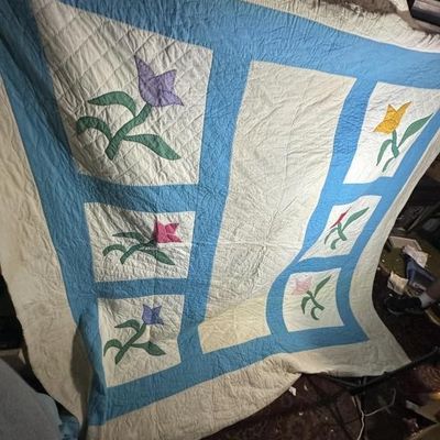 Vintage Tulip Appliqué Quilt, Approx Full Size or