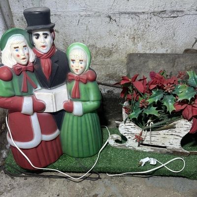 Christmas Carolers Blow Mold & Poinsettia Sleigh