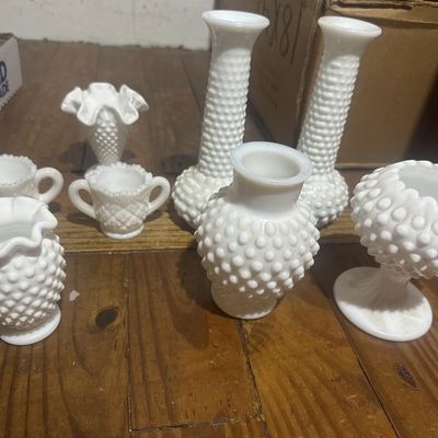 8 Piece Fenton Style Hobnail Milk Glass Collection