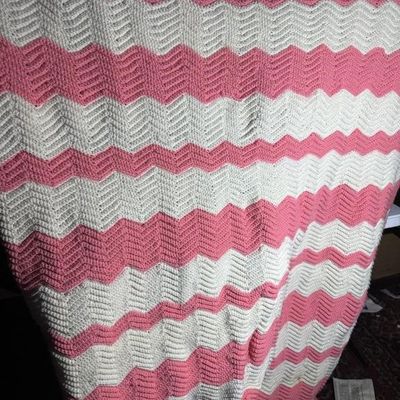 Handmade Pink and White Chevron Crochet Afghan