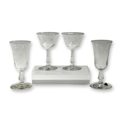 4pc Rock Sharpe Crystal Floral Etched Juice and Liquor Glasses
