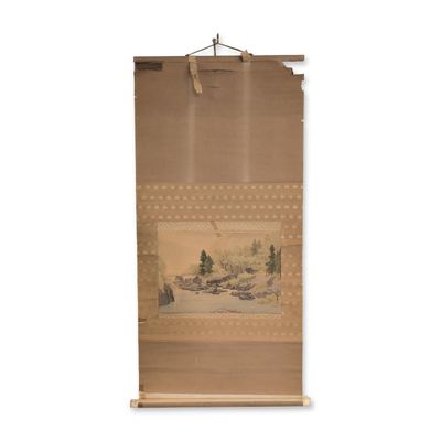 Japanese Hanging Scroll Ink and Color Pigments on Silk, Landscape, Signed w/ Seal