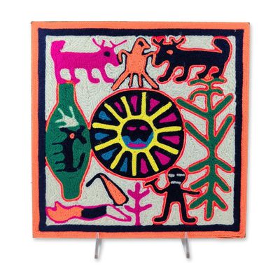 Huichol Mexican Folk Art Sun Deity Nierika Yarn Painting